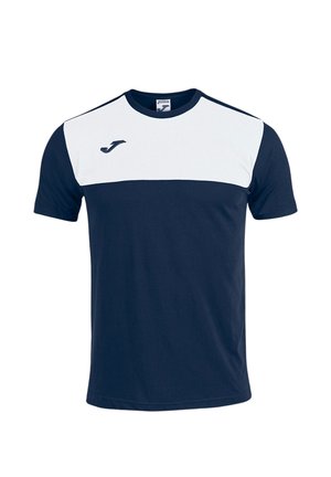 Kurzärmeliges Sport-T-Shirt mit navyblauem Körper und weißem oberen Brustbereich, mit kleinem Joma-Logo auf der linken Seite.