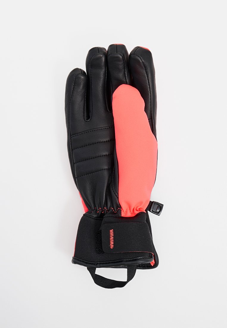 Gant isolant noir et orange vif avec paume rembourrée, sangle réglable au poignet et boucle en tissu pour suspension, conçu pour les temps froids.