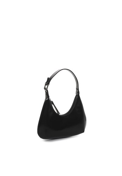 Black leather shoulder bag with a curved silhouette, adjustable strap, and smooth texture. Features a zip closure and minimalistic design.
