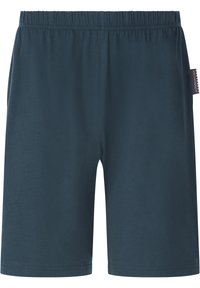 Dunkelblaue Shorts mit elastischem Bund, geradem Schnitt und einem kleinen Stoff-Logo-Tag an der rechten Seitennaht.