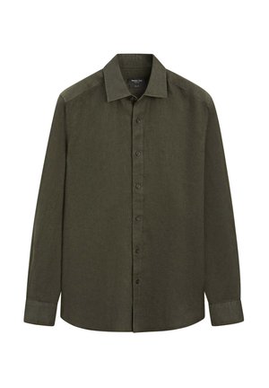 Camicia verde oliva scura a maniche lunghe con bottoni, colletto appuntito e polsini con bottoni, mostrata su sfondo bianco semplice.