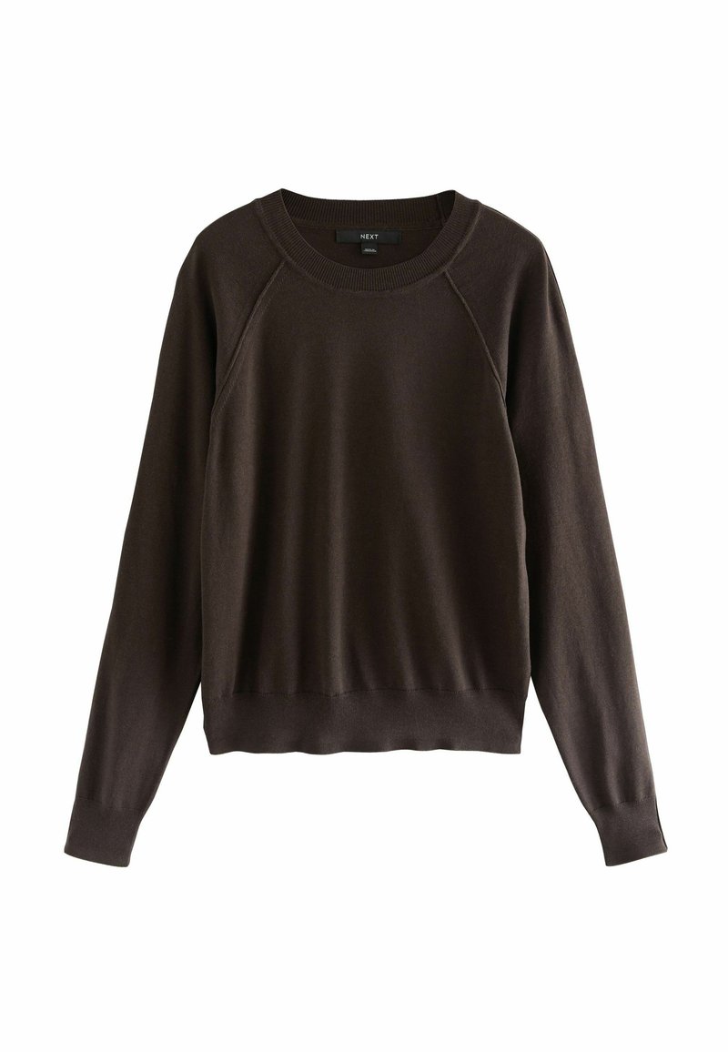 Bruine crewneck trui gemaakt van zacht materiaal. Voorzien van lange raglanmouwen en ribgebreide manchetten en zoom. Eenvoudig, naadloos ontwerp.