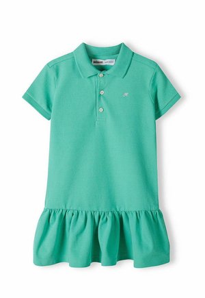 Tyrkysové polo šaty z bavlny, s volánkovým lemem, krátkými rukávy a léga se třemi knoflíky s malým vyšitým logem.