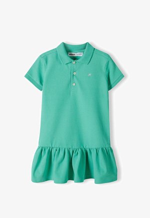 Mėlynas polo suknelė, pagaminta iš medvilnės, su volaniniu kraštu, trumpomis rankovėmis ir trimis mygtukais priekyje, su mažuoju siuvinėtu logotipu.