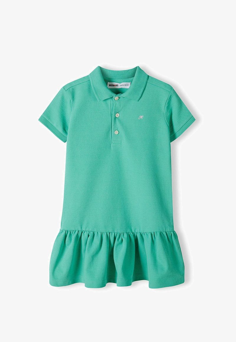 Turkoosi polo-mekko, joka on valmistettu puuvillasta ja jossa on röyhelöhelma, lyhyet hihat sekä kolmonen nappia, joissa on pieni brodeerattu logo.