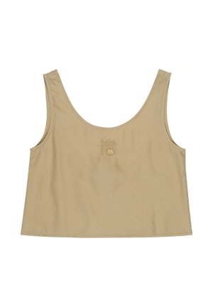 Beiger ärmelloser Croptop mit Rundhalsausschnitt und kleinem besticktem Palmen- und Sonnenmotiv vorne in der Mitte.