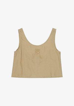 Beiger ärmelloser Croptop mit Rundhalsausschnitt und kleinem besticktem Palmen- und Sonnenmotiv vorne in der Mitte.