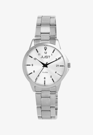 Silver stainless steel watch with a round face, white dial, hour markers, date window, and a metallic link bracelet. Water-resistant to 10 ATM.