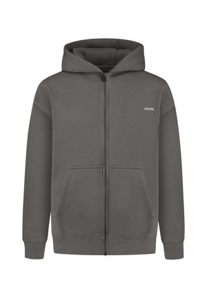 Grijze zip-up hoodie gemaakt van een katoenmix, met een capuchon, twee voorkant zakken, geribde manchetten en een klein logo op de borst.