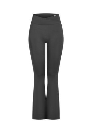 Pantalons évasés noirs en tissu extensible. Dotés d'une taille haute surcroisée et d'une texture lisse sans motifs visibles ni accessoires.