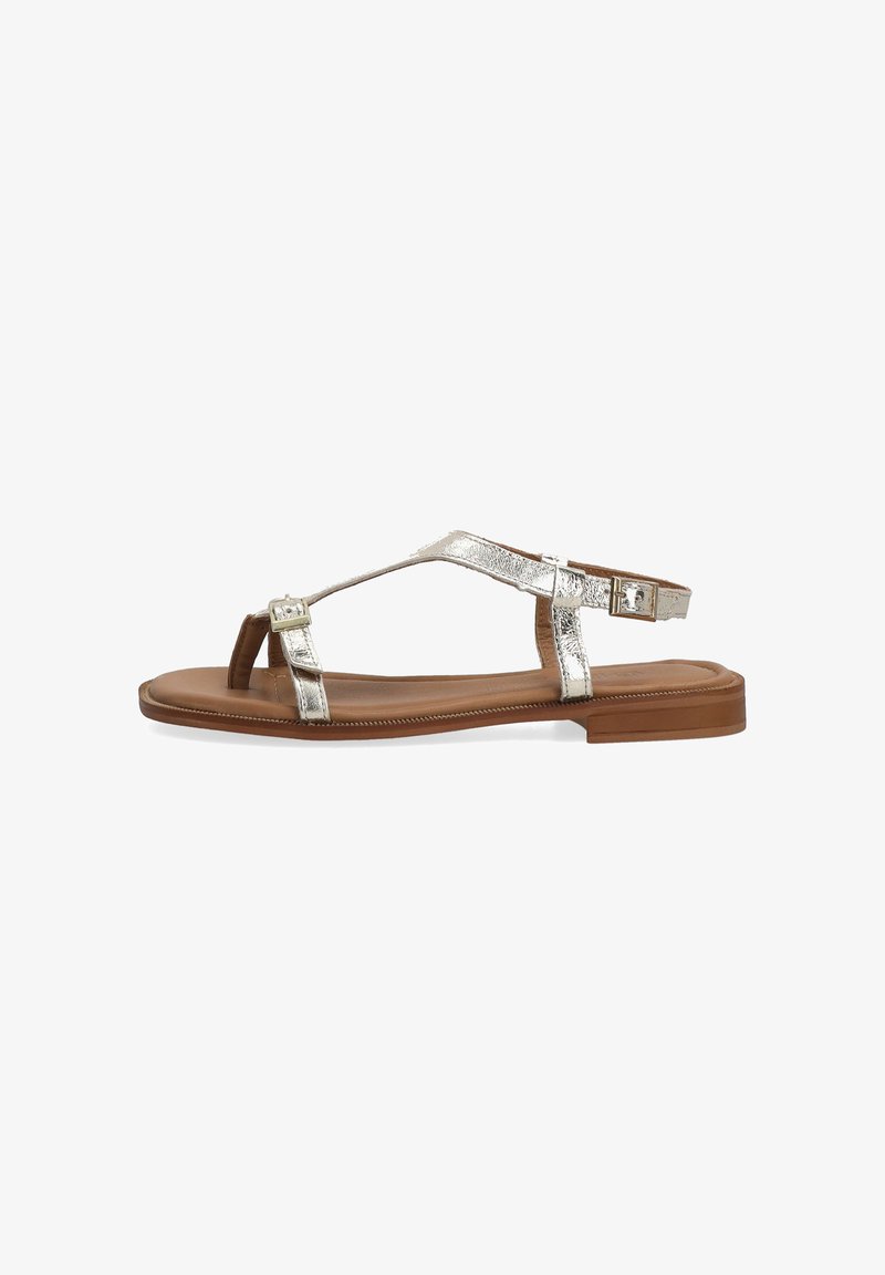 Metallic silver sandal with a flat sole, T-strap design, ankle buckle, and brown footbed. Smooth texture and minimalistic style.