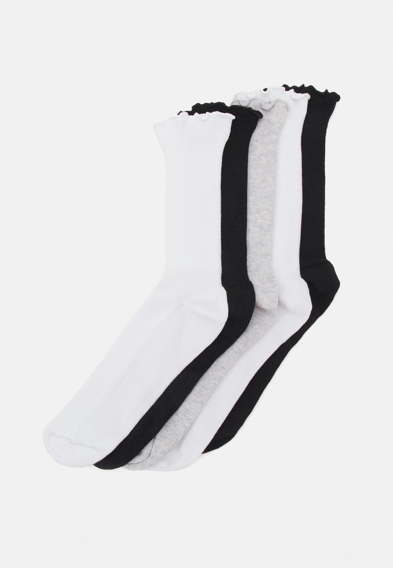 Three pairs of crew socks in white, gray, and black. Cotton blend, soft texture, with a ribbed top and smooth body.