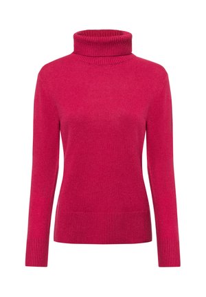 Fuchsia Pullover mit Rollkragen und langen Ärmeln, aus geripptem Strickstoff gefertigt. Mit hohem Kragen sowie gerippten Bündchen und Saum.