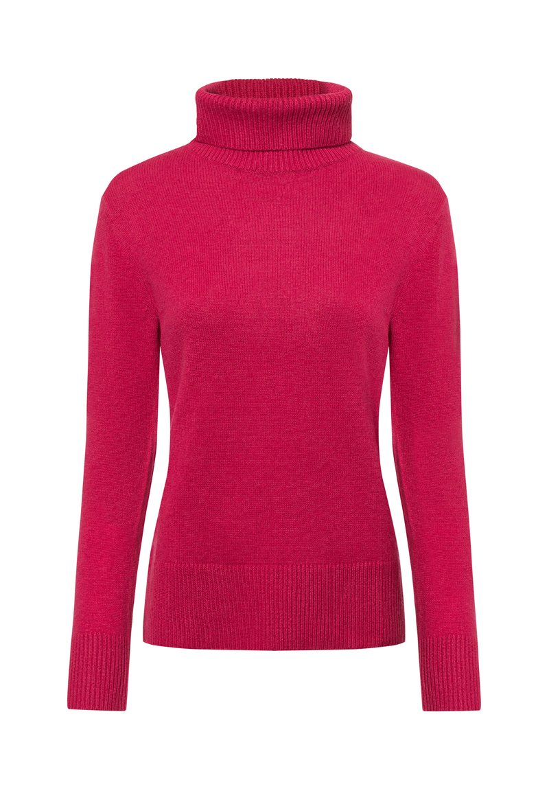 Fuchsia Pullover mit Rollkragen und langen Ärmeln, aus geripptem Strickstoff gefertigt. Mit hohem Kragen sowie gerippten Bündchen und Saum.