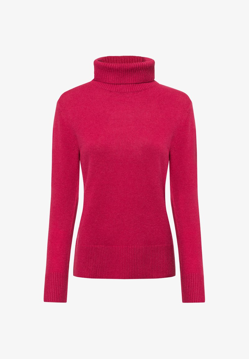 Fuchsia Pullover mit Rollkragen und langen Ärmeln, aus geripptem Strickstoff gefertigt. Mit hohem Kragen sowie gerippten Bündchen und Saum.