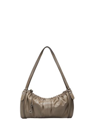 Kleine beige Lederschultertasche mit gerafftem oberen Teil und langem, eingenähtem Träger, mit zwei hängenden Reißverschlussanhängern auf einer Seite.
