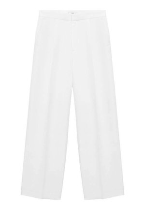 Wide-leg white trousers with a smooth texture, featuring a high waistband and two side pockets. Simple design with no visible patterns.