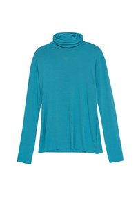 Turkusowy, długi rękaw, golf wykonany z miękkiego, elastycznego materiału. Posiada luźny krój z opadającą szyją i gładką teksturą.