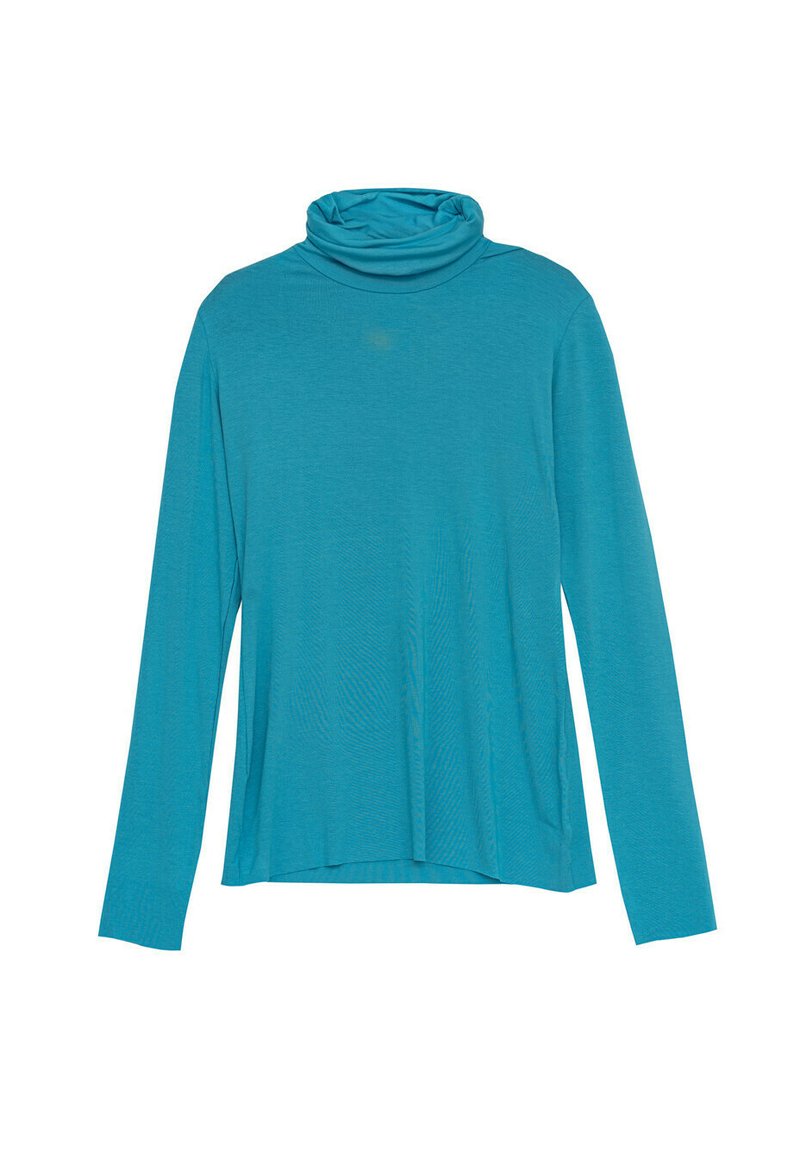 Turkusowy, długi rękaw, golf wykonany z miękkiego, elastycznego materiału. Posiada luźny krój z opadającą szyją i gładką teksturą.