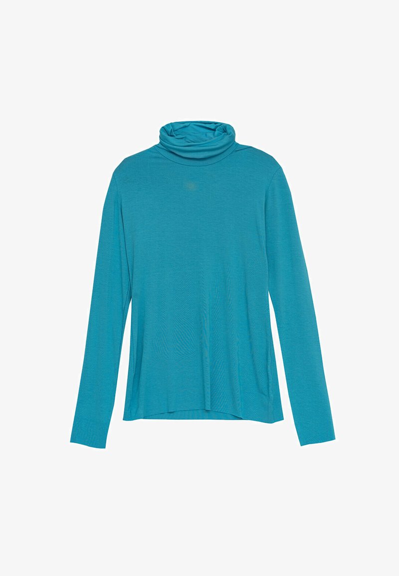 Turkusowy, długi rękaw, golf wykonany z miękkiego, elastycznego materiału. Posiada luźny krój z opadającą szyją i gładką teksturą.