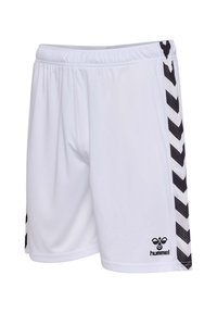 Vita atletiska shorts gjorda av lättviktig tyg, med svarta chevronränder längs sidorna och en liten logotyp nära fållen.