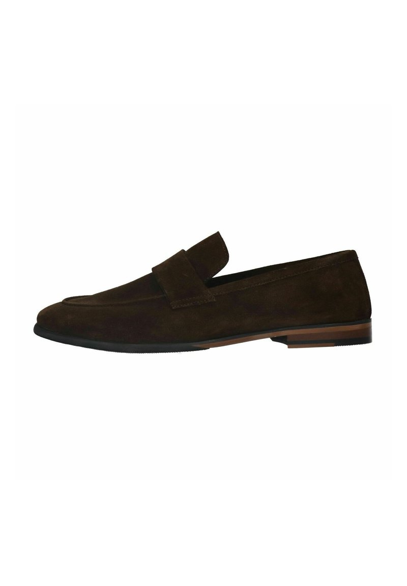 Dark brown suede loafers with a flat sole and a front strap. Slightly rounded toe and a textured finish on the upper.