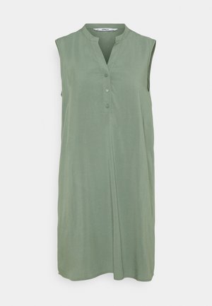 Sleeveless light green knee-length dress with a split V-neck and three buttons on the front placket.