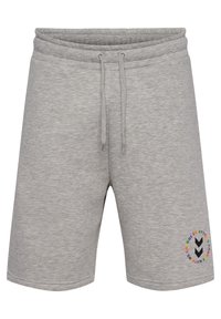 Grå shorts av mjukt material, med elastisk midjeband och snörning samt en färgglad logopatch på vänster lår.