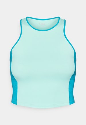 Prilega športna majica brez rokavov v svetli aqui z temnejšimi aquami stranskimi paneli. Narejena iz raztegljive tkanine z gladko teksturo in okroglo izrezom.
