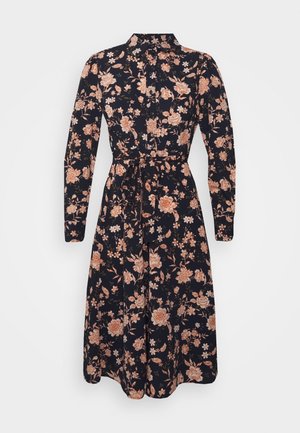 Robe noire à manches longues et longueur au genou, avec un motif floral pêche et beige, patte de boutonnage à l'avant, col et ceinture assortie en tissu à la taille.