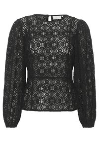 Sorte blonde bluse med blomsterprint, lange puffede ærmer, rund halsudskæring og en nøglehulslukning i ryggen med en knap.