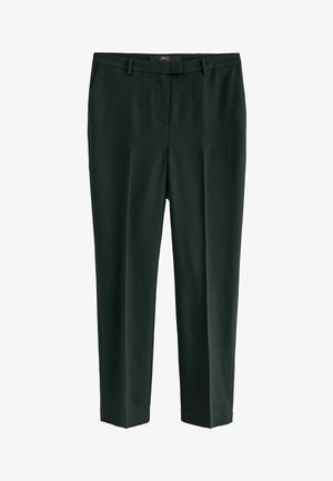 Pantaloni su misura verde scuro realizzati in un tessuto liscio. Presentano una parte anteriore piatta, passanti per cintura e tasche laterali. Taglio dritto.