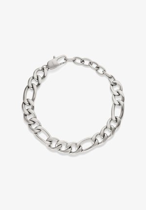 Silbernes Metallkettenarmband mit ovalen und verdrehten Gliedern und einem Karabinerverschluss vor weißem Hintergrund.