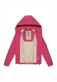 Rožinė vandeniui atspari striukė su didele kepure, kreminės spalvos pamušalu, elastingais rankogaliais ir etiketėmis su gėlių raštais viduje.