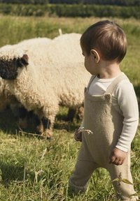 Salopette en tricot beige avec bretelles, sous-vêtement à manches courtes, se tenant dans l'herbe près de moutons duveteux au visage noir.