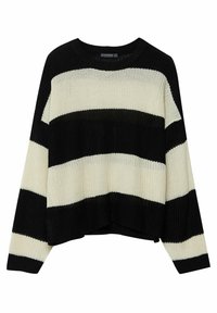 Maglione a maglia con strisce orizzontali nere e crema, collo a giro e vestibilità comoda. Texture morbida con polsini e orlo a coste.