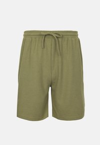 Olivengrønne strikkede shorts med elastisk linning og snoretræk, med tekstureret stof og sidelommer.