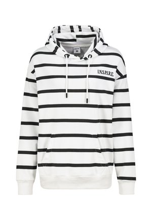 Witte hoodie met zwarte horizontale strepen, verstelbare trekkoorden, kangoeroe-poncho en de tekst "INSPIRE" aan de linkerkant.