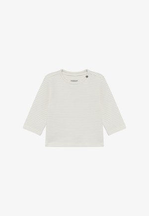 White long-sleeve shirt with light gray horizontal stripes, round neckline, and a small button detail on the shoulder. Soft, ribbed texture.