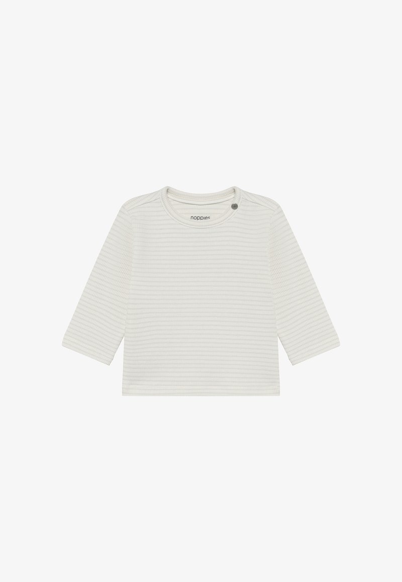 White long-sleeve shirt with light gray horizontal stripes, round neckline, and a small button detail on the shoulder. Soft, ribbed texture.