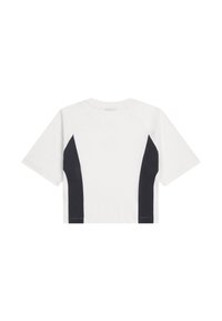 Geplooide T-shirt van witte katoen met marineblauwe zijkanten. Heeft korte mouwen en een ronde halslijn, een gladde textuur en een eenvoudig ontwerp.