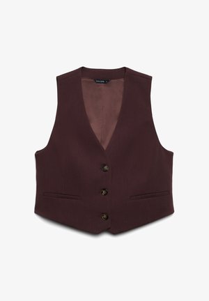 Gilet bordeaux con scollo a V, cinque bottoni e due tasche frontali. Realizzato in tessuto strutturato con fodera interna liscia e a contrasto.