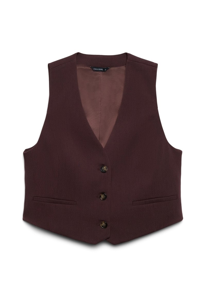 Gilet bordeaux con scollo a V, cinque bottoni e due tasche frontali. Realizzato in tessuto strutturato con fodera interna liscia e a contrasto.