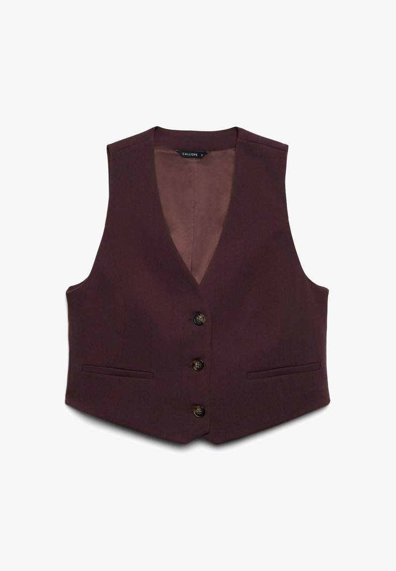 Weinrotes Weste mit V-Ausschnitt, fünf Knöpfen und zwei vorderen Taschen. Hergestellt aus einem strukturierten Stoff mit einem glatten, kontrastierenden Innenfutter.