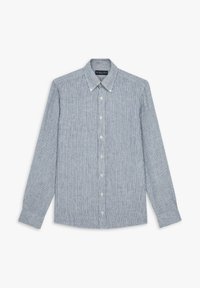 Blauw-witte gestreepte blouse met lange mouwen, een button-down kraag en knopen aan de voorkant. Het heeft een gladde stoftextuur en een getailleerde pasvorm.