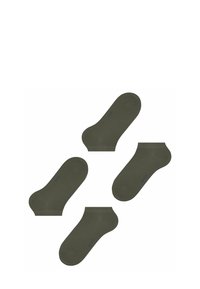 Katoenen enkelsokken in donkerolijfgroen, met een vaste textuur en blauw logo. Vier paar weergegeven, elk met een ronde teen en boord.