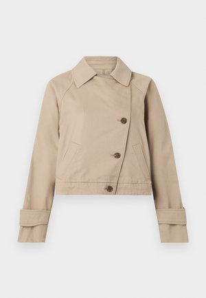 Beige cropped jacket made of cotton blend, featuring a pointed collar, double-breasted button closure, and two front pockets.