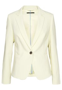 Żółta marynarka z długimi rękawami, zapinana na pojedynczy guzik, z klapami i dwoma przednimi kieszeniami. Wewnętrzna podszewka posiada niebieski pasek.