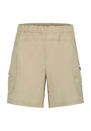 Beige afslappede shorts med elastisk taljebånd, sidelommer og letvægtsstof, der er velegnet til udendørs eller hverdagsbrug.