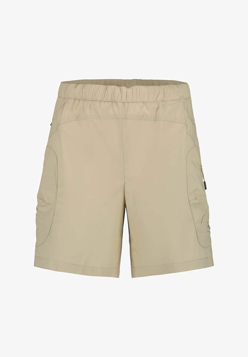 Beige casual shorts with elastic waistband, side pockets, and lightweight fabric suitable for outdoor or everyday wear.